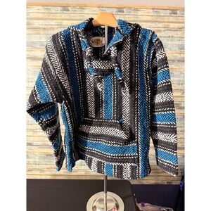 Earth Ragz Baja Hoodie Size L Blue Black White Excellent Woven Drug Rug Pullover